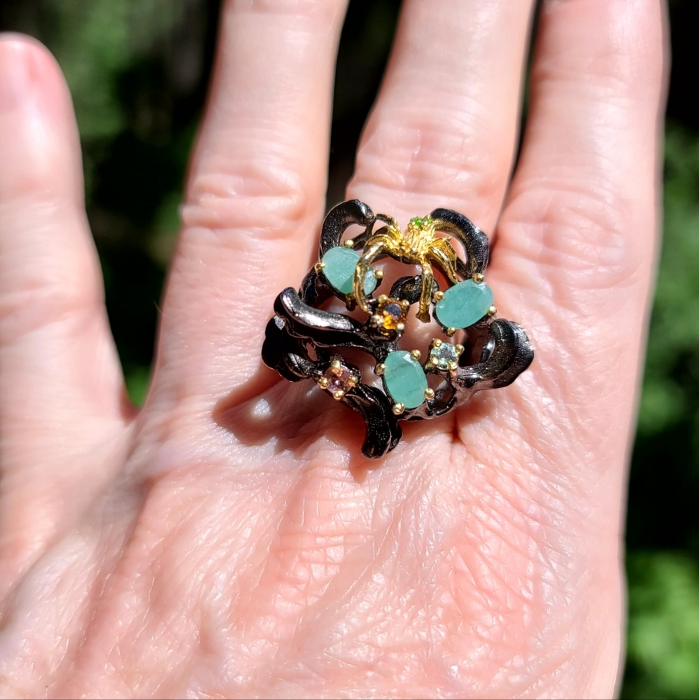 Emerald Peridot Tourmaline citrine aquamarine spider sterling silver ring sz9 - Picture 11 of 15